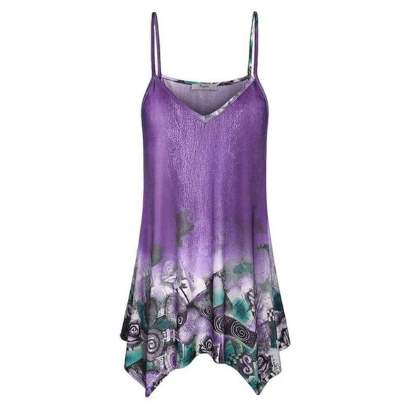 New Womens Medium Tank Top Purple V Neck handkerchief Hem - Picture 2 of 16